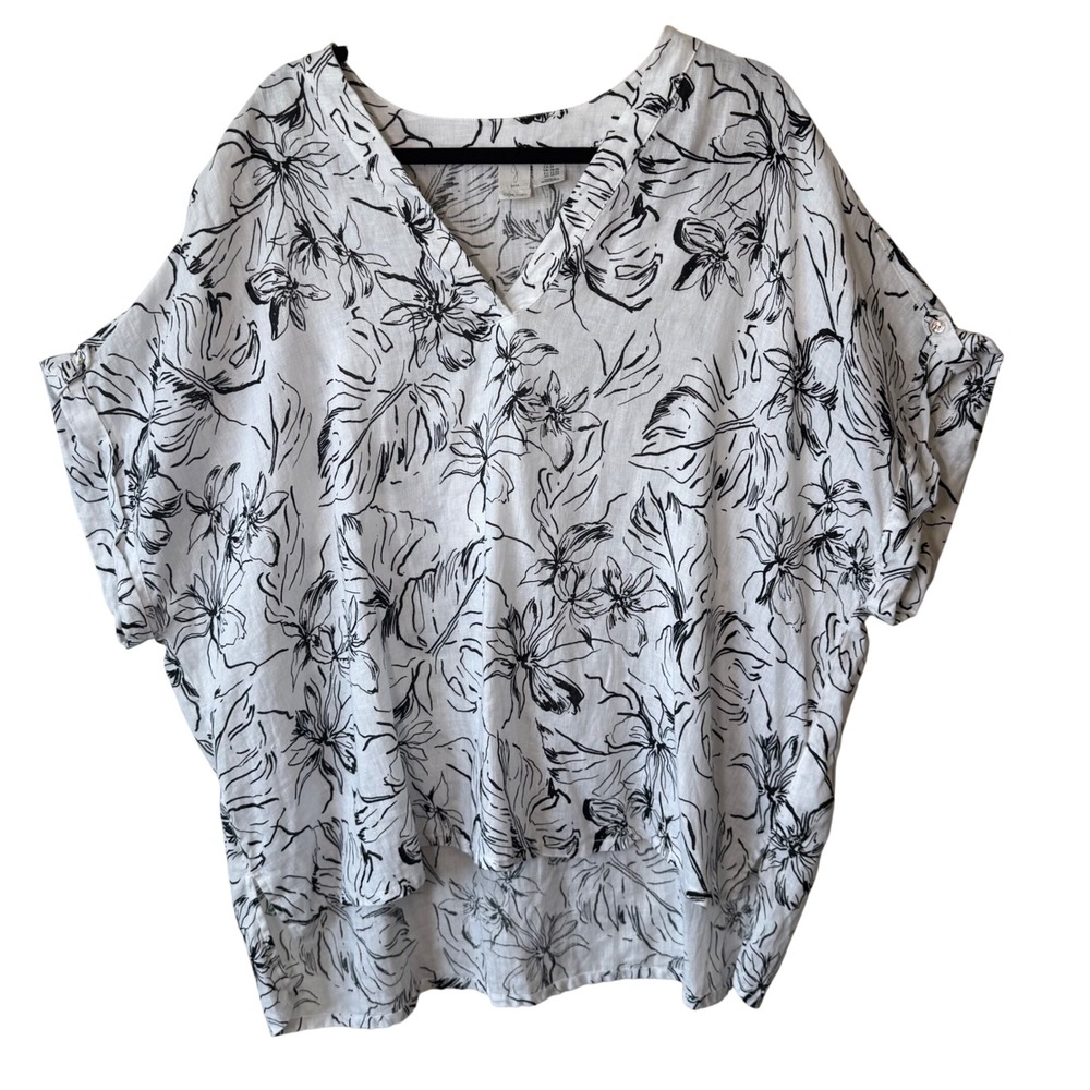 Joie 100% Linen‎ White Black Floral V-Neck High Low Tunic Top Plus 3X Coastal